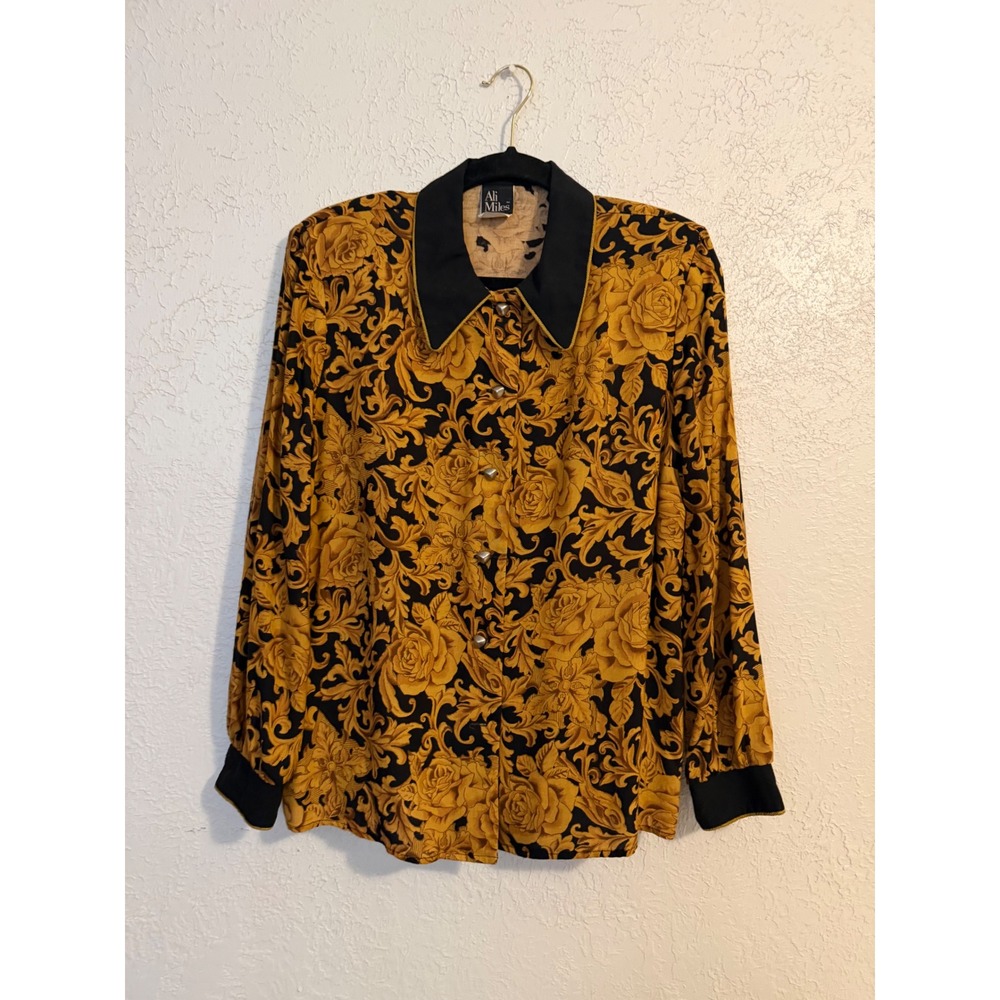 Ali Miles Womens Gold Black Baroque Floral Scroll Button Front Blouse Size 10